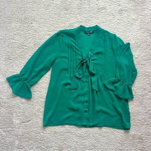 Sheer Green Blouse with Bow and Ruffle Sleeves